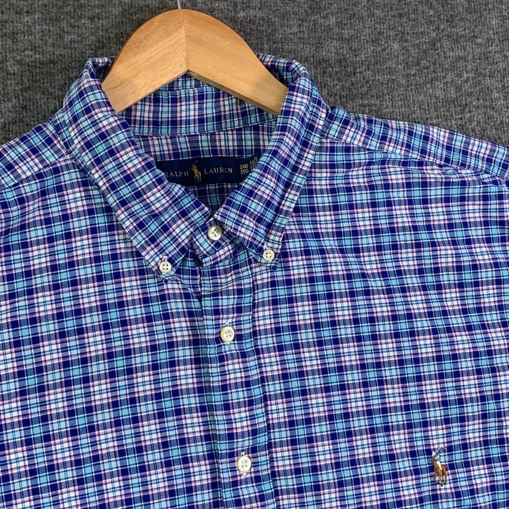 Polo Ralph Lauren Oxford Shirt Men 3XB Plaid Blue Short Sleeve Cotton Oversize